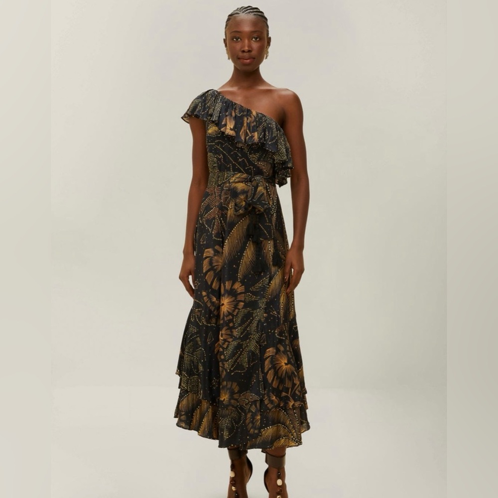 NWT Farm Rio Black Golden Foliage One-Shoulder Maxi Dress